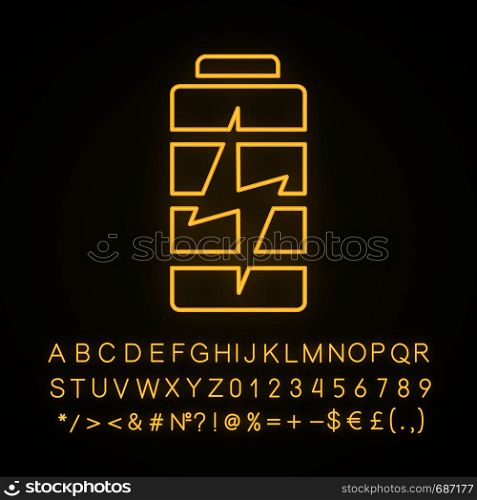 Battery charging neon light icon. Battery level indicator. Glowing sign with alphabet, numbers and symbols. Vector isolated illustration. Battery charging neon light icon