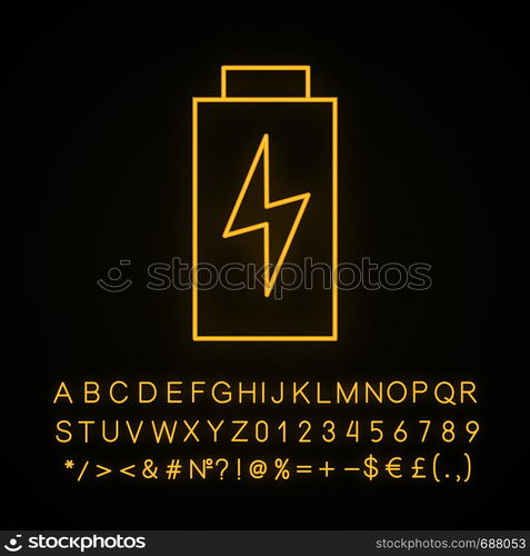 Battery charging neon light icon. Battery level indicator. Glowing sign with alphabet, numbers and symbols. Vector isolated illustration. Battery charging neon light icon