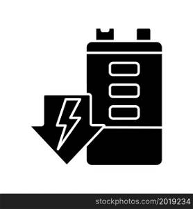 Battery discharging black glyph icon. Self-discharge. Voltage and energy decrease. Accumulator power draining. Durability deterioration. Silhouette symbol on white space. Vector isolated illustration. Battery discharging black glyph icon