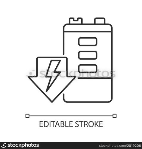 Battery discharging linear icon. Self-discharge. Energy draining. Durability deterioration. Thin line customizable illustration. Contour symbol. Vector isolated outline drawing. Editable stroke. Battery discharging linear icon
