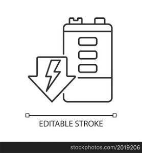 Battery discharging linear icon. Self-discharge. Energy draining. Durability deterioration. Thin line customizable illustration. Contour symbol. Vector isolated outline drawing. Editable stroke. Battery discharging linear icon