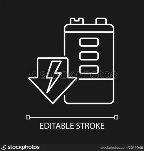 Battery discharging white linear icon for dark theme. Self-discharge. Energy draining. Thin line customizable illustration. Isolated vector contour symbol for night mode. Editable stroke. Battery discharging white linear icon for dark theme