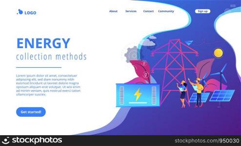 Battery energy storage from renewable solar and wind power station. Energy storage, energy collection methods, electrical power grid concept. Website vibrant violet landing web page template.. Energy storage concept landing page.