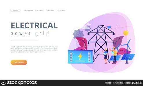 Battery energy storage from renewable solar and wind power station. Energy storage, energy collection methods, electrical power grid concept. Website vibrant violet landing web page template.. Energy storage concept landing page.