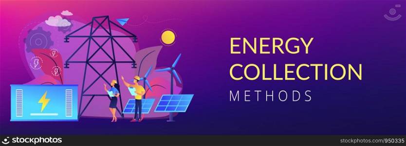 Battery energy storage from renewable solar and wind power station. Energy storage, energy collection methods, electrical power grid concept. Header or footer banner template with copy space.. Energy storage concept banner header.