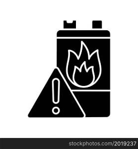 Battery flammability black glyph icon. Accumulator flash point. Thermal runaway danger. Energy cell high temperature. Fire start risk. Silhouette symbol on white space. Vector isolated illustration. Battery flammability black glyph icon