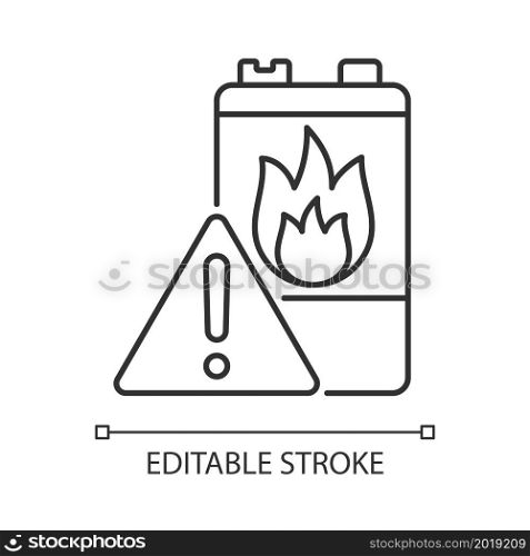 Battery flammability linear icon. Accumulator flash point. Thermal runaway. Fire start risk. Thin line customizable illustration. Contour symbol. Vector isolated outline drawing. Editable stroke. Battery flammability linear icon