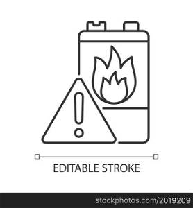 Battery flammability linear icon. Accumulator flash point. Thermal runaway. Fire start risk. Thin line customizable illustration. Contour symbol. Vector isolated outline drawing. Editable stroke. Battery flammability linear icon