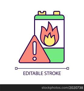 Battery flammability RGB color icon. Accumulator flash point. Thermal runaway danger. Energy cell high temperature. Fire start risk. Isolated vector illustration. Simple filled line drawing. Battery flammability RGB color icon