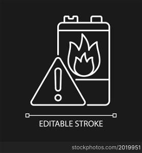 Battery flammability white linear icon for dark theme. Accumulator flash point. Fire start risk. Thin line customizable illustration. Isolated vector contour symbol for night mode. Editable stroke. Battery flammability white linear icon for dark theme