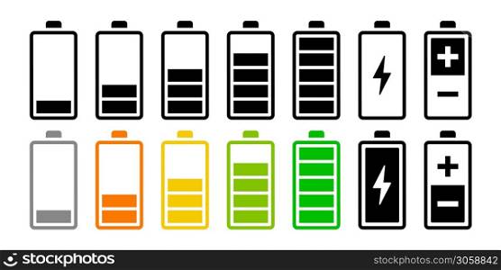 Battery icon collection. Battery vector sign symbol set. Charge indicanor collection. Level battery energy concept. Vector isolated collection of icons. EPS 10