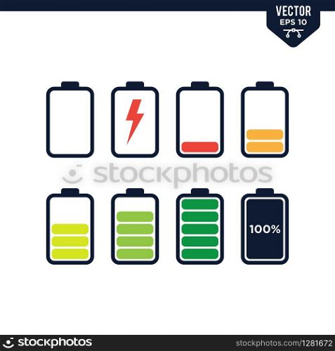 Battery icon collection in glyph style, solid color vector