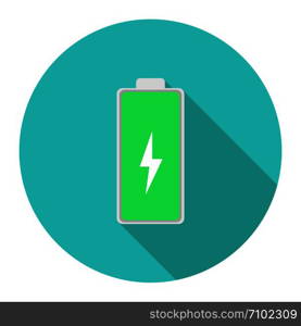 Battery icon flat design green color on blue circle full level with shadow.