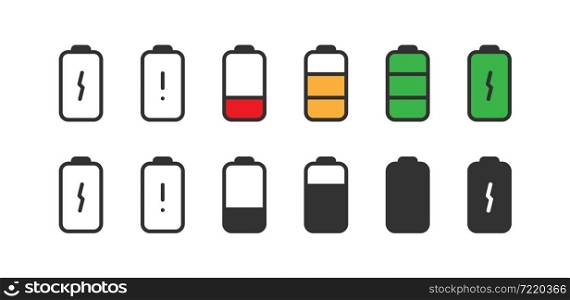 Battery icon. Phone full, low, charger sign. Accumulator energy simbol in vector flat style.