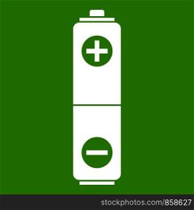 Battery icon white isolated on green background. Vector illustration. Battery icon green
