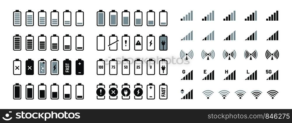 Battery icons. Black charge level gsm and wifi signal strength, smartphone UI elements set. Vector full low and empty charge status, smart sign progression load. Battery icons. Black charge level gsm and wifi signal strength, smartphone UI elements set. Vector full low and empty charge status, smart progression load