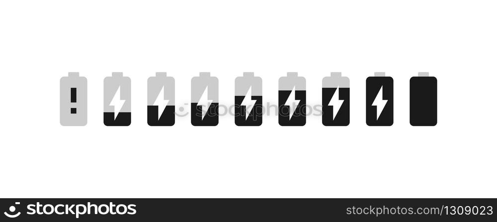 Battery Indicator Charging Set in flat. Vector EPS 10