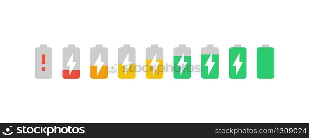 Battery Indicator Charging Set in flat. Vector EPS 10