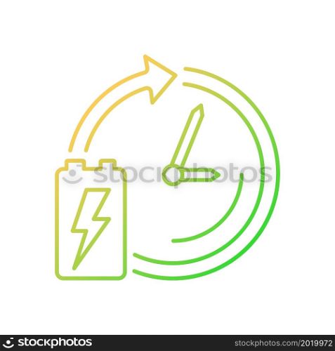 Battery lifetime gradient linear vector icon. Accumulator lifespan and durability. Energy cell working period. Thin line color symbol. Modern style pictogram. Vector isolated outline drawing. Battery lifetime gradient linear vector icon