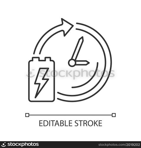 Battery lifetime linear icon. Accumulator lifespan and durability. Energy cell working period. Thin line customizable illustration. Contour symbol. Vector isolated outline drawing. Editable stroke. Battery lifetime linear icon