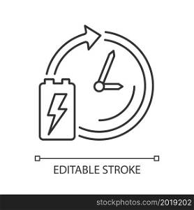 Battery lifetime linear icon. Accumulator lifespan and durability. Energy cell working period. Thin line customizable illustration. Contour symbol. Vector isolated outline drawing. Editable stroke. Battery lifetime linear icon