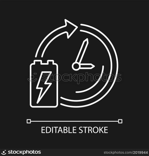 Battery lifetime white linear icon for dark theme. Accumulator lifespan and durability. Thin line customizable illustration. Isolated vector contour symbol for night mode. Editable stroke. Battery lifetime white linear icon for dark theme