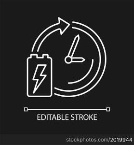 Battery lifetime white linear icon for dark theme. Accumulator lifespan and durability. Thin line customizable illustration. Isolated vector contour symbol for night mode. Editable stroke. Battery lifetime white linear icon for dark theme