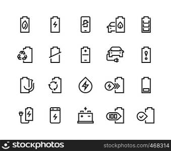 Battery line icons. Electric energy charger car charge low electricity level sign phone charging lithium recycle. Batteries accumulator vector set. Battery line icons. Electric energy charger car charge low electricity level sign phone charging lithium recycle. Batteries vector set