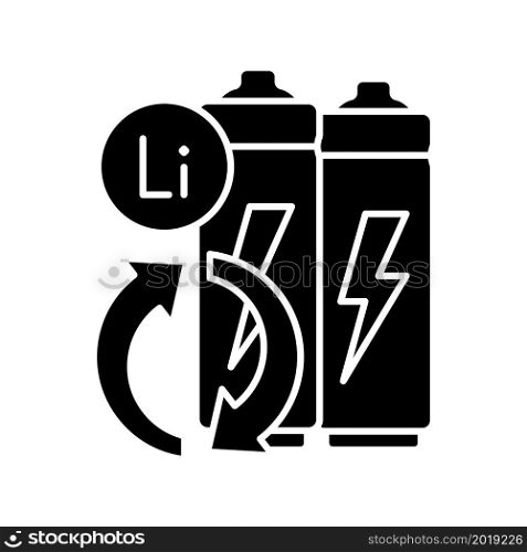 Battery metals recovery black glyph icon. Prevent lithium spent. Reuse resources form accumulators. Environmentally friendly technology. Silhouette symbol on white space. Vector isolated illustration. Battery metals recovery black glyph icon