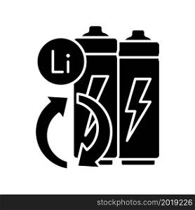 Battery metals recovery black glyph icon. Prevent lithium spent. Reuse resources form accumulators. Environmentally friendly technology. Silhouette symbol on white space. Vector isolated illustration. Battery metals recovery black glyph icon