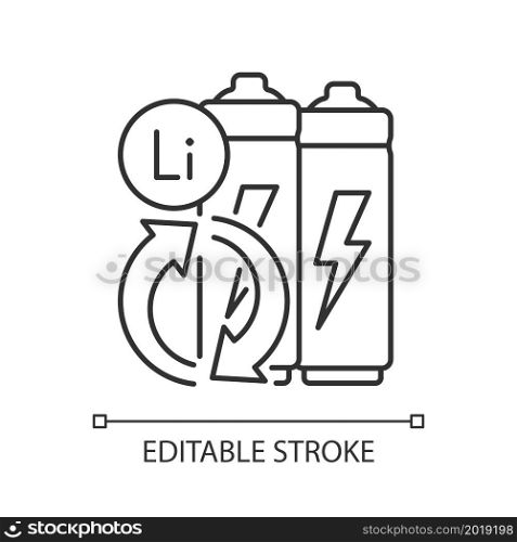Battery metals recovery linear icon. Prevent lithium spent. Reuse resources form accumulators. Thin line customizable illustration. Contour symbol. Vector isolated outline drawing. Editable stroke. Battery metals recovery linear icon