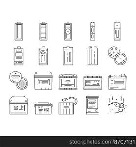 battery power energy electric car icons set vector. technology industry, electricity lithium, charger, cell charge, equipment, low level battery power energy electric car black contour illustrations. battery power energy electric car icons set vector