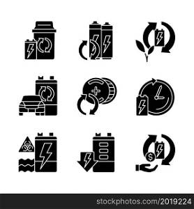 Battery processing black glyph icons set on white space. Accumulators and energy cells reuse. Recycling technology. E-waste correct disposal. Silhouette symbols. Vector isolated illustration. Battery processing black glyph icons set on white space
