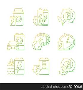 Battery processing gradient linear vector icons set. Accumulators reuse. Recycling technology. E-waste correct disposal. Thin line contour symbols bundle. Isolated outline illustrations collection. Battery processing gradient linear vector icons set