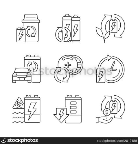 Battery processing linear icons set. Accumulators reuse. Recycling technology. E-waste correct disposal. Customizable thin line contour symbols. Isolated vector outline illustrations. Editable stroke. Battery processing linear icons set