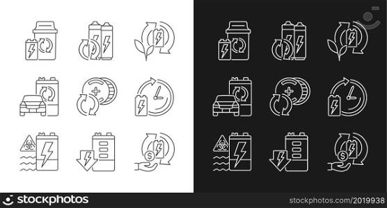 Battery processing linear icons set for dark and light mode. Accumulators reuse. Recycling technology. Customizable thin line symbols. Isolated vector outline illustrations. Editable stroke. Battery processing linear icons set for dark and light mode