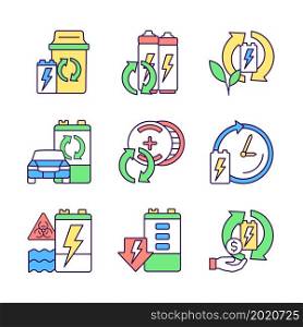 Battery processing RGB color icons set. Accumulators and energy cells reuse. Recycling technology. E-waste correct disposal. Isolated vector illustrations. Simple filled line drawings collection. Battery processing RGB color icons set