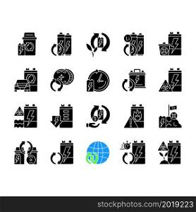 Battery recycling black glyph icons set on white space. Discharged accumulator reuse. Electronic waste recovery. Environment care. Ecological activity. Silhouette symbols. Vector isolated illustration. Battery recycling black glyph icons set on white space