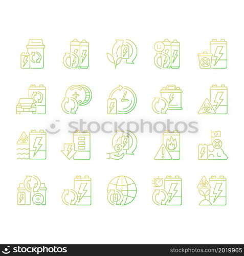 Battery recycling gradient linear vector icons set. Discharged accumulator reuse. Electronic waste recovery. Thin line contour symbols bundle. Isolated outline illustrations collection. Battery recycling gradient linear vector icons set