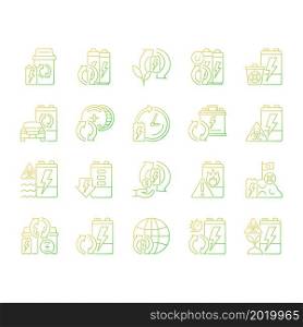 Battery recycling gradient linear vector icons set. Discharged accumulator reuse. Electronic waste recovery. Thin line contour symbols bundle. Isolated outline illustrations collection. Battery recycling gradient linear vector icons set