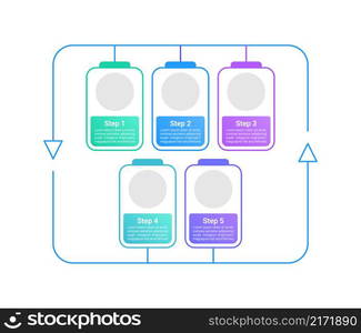 Battery recycling infographic chart design template. Abstract infochart with copy space. Instructional graphics with 5 step sequence. Visual data presentation. Roboto Medium, Light fonts used. Battery recycling infographic chart design template