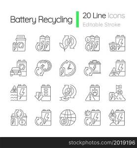 Battery recycling linear icons set. Discharged accumulator reuse. Electronic waste recovery. Customizable thin line contour symbols. Isolated vector outline illustrations. Editable stroke. Battery recycling linear icons set