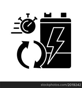 Battery recycling rates black glyph icon. Electronic waste processing speed. Reused accumulators percentage. Utilization statistic. Silhouette symbol on white space. Vector isolated illustration. Battery recycling rates black glyph icon