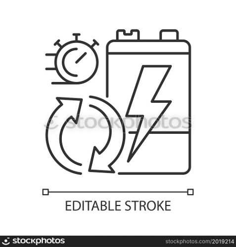 Battery recycling rates linear icon. Electronic waste processing speed. Utilization statistic. Thin line customizable illustration. Contour symbol. Vector isolated outline drawing. Editable stroke. Battery recycling rates linear icon