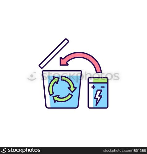Battery recycling RGB color manual label icon. Phone charger disposal. Hazardous electronic waste. Isolated vector illustration. Simple filled line drawing for product use instructions. Battery recycling RGB color manual label icon
