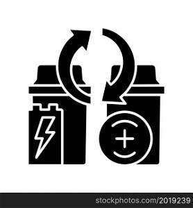 Battery recycling station black glyph icon. E-waste processing point. Heavy metal recovery. Reuse resources from old accumulators. Silhouette symbol on white space. Vector isolated illustration. Battery recycling station black glyph icon