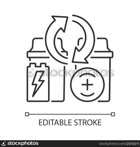 Battery recycling station linear icon. E-waste processing point. Old accumulator resource reuse. Thin line customizable illustration. Contour symbol. Vector isolated outline drawing. Editable stroke. Battery recycling station linear icon