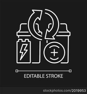 Battery recycling station white linear icon for dark theme. E-waste processing and reuse factory. Thin line customizable illustration. Isolated vector contour symbol for night mode. Editable stroke. Battery recycling station white linear icon for dark theme