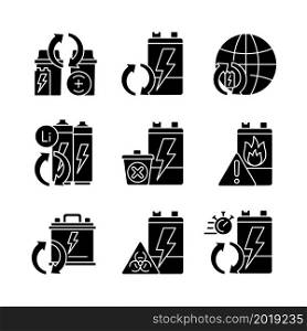 Battery reuse black glyph icons set on white space. Recyclable electronic waste. Accumulator recycling. Correct disposal. Environment protection. Silhouette symbols. Vector isolated illustration. Battery reuse black glyph icons set on white space