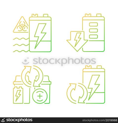 Battery reuse gradient linear vector icons set. Prevent environment contamination. Electronic waste recycling station. Thin line contour symbols bundle. Isolated outline illustrations collection. Battery reuse gradient linear vector icons set